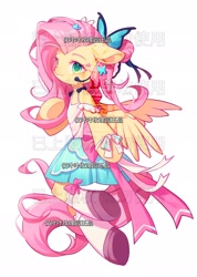 Size: 1462x2048 | Tagged: safe, artist:leafywind, fluttershy, pegasus, pony, semi-anthro, g4, clothes, female, hair bun, hairclip, idol, mare, microphone, obtrusive text, obtrusive watermark, skirt, solo, watermark