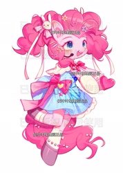 Size: 1462x2048 | Tagged: safe, artist:leafywind, pinkie pie, earth pony, pony, semi-anthro, g4, bracelet, clothes, dress, female, hairclip, hoof shoes, idol, jewelry, korean, mare, microphone, obtrusive text, obtrusive watermark, simple background, solo, watermark, white background