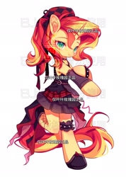 Size: 1462x2048 | Tagged: safe, artist:leafywind, sunset shimmer, pony, unicorn, semi-anthro, g4, arm warmers, beret, choker, clothes, dress, female, hat, horn, korean, mare, obtrusive watermark, simple background, solo, spiked wristband, watermark, white background, wristband