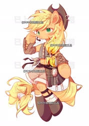 Size: 1462x2048 | Tagged: safe, artist:leafywind, applejack, earth pony, pony, semi-anthro, g4, applejack's hat, arm warmers, belly, chinese, clothes, cowboy hat, female, hat, idol, mare, midriff, obtrusive text, obtrusive watermark, shorts, simple background, solo, underhoof, watermark, white background