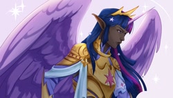 Size: 1280x720 | Tagged: safe, artist:rowankitten, twilight sparkle, human, g4, 2d, armor, crown, dark skin, digital art, elf ears, fanart, horn, horned humanization, humanized, jewelry, looking away, regalia, solo, sparkles, winged humanization, wings