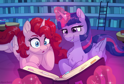 Size: 2396x1633 | Tagged: safe, artist:skysorbett, twilight sparkle, oc, oc:ruby shine, alicorn, pony, g4, alicorn oc, book, bookmark, bookshelf, duo, duo female, female, folded wings, glowing, glowing horn, horn, ladder, library, lying down, magic, magic aura, mare, reading, shelves, smiling, surprised, table, telekinesis, twilight sparkle (alicorn), twilight's castle, twilight's castle library, wings