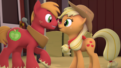 Size: 1920x1080 | Tagged: safe, artist:jeroen01, apple bloom, applejack, big macintosh, earth pony, pony, g4, 3d, apple siblings, apple sisters, bandana, brother and sister, cowboy hat, female, filly, foal, hat, male, mare, micro, nuzzling, sibling love, siblings, sisters, size difference, stallion, stetson, tiny, tiny ponies