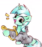 Size: 1885x2072 | Tagged: safe, artist:liaaqila, lyra heartstrings, pony, unicorn, fanfic:background pony, g4, chest fluff, clothes, dig the swell hoodie, emanata, female, hoodie, horn, lyre, mare, musical instrument, open mouth, open smile, simple background, smiling, solo, traditional art, white background