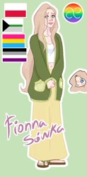 Size: 540x1096 | Tagged: safe, artist:sprong-lhama, fluttershy, human, g4, asexual, asexual pride flag, belly button, cardigan, clothes, cute, feet, female, green background, hair over one eye, humanized, long skirt, midriff, pansexual, pansexual pride flag, polish, pride, pride flag, sandals, short shirt, shyabetes, simple background, skirt, solo