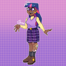 Size: 3000x3000 | Tagged: safe, artist:3ggmilky, twilight sparkle, human, g4, abstract background, belt, clothes, cute, dark skin, ear piercing, earring, female, glasses, gradient background, humanized, jewelry, open mouth, piercing, shoes, skirt, socks, solo, sweater, sweater vest, tattoo, twiabetes