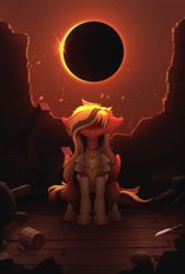 Size: 3962x5862 | Tagged: safe, artist:viryav, oc, oc only, pegasus, pony, armor, armored pony, chair, chaos, complex background, dark background, destroyed wall, eclipse, female, fire, knife, mare, messy, red sky, solo, stone, table, wooden floor