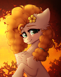 Size: 2213x2756 | Tagged: safe, artist:viryav, pear butter, earth pony, pony, g4, blushing, chest fluff, curly hair, curly mane, cute, female, flower, flower in hair, looking at you, mare, sitting, smiling, solo