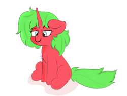 Size: 2000x1500 | Tagged: safe, artist:psychotix, oc, oc only, oc:dinky, pony, unicorn, g4, blank flank, blue eyes, commission, floppy ears, green hair, green mane, horn, paint tool sai, red coat, red fur, simple background, sitting, smiling, unicorn oc, white background, ych result