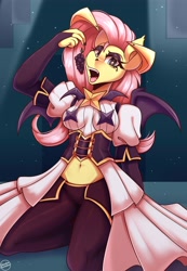 Size: 3800x5500 | Tagged: safe, artist:shadowreindeer, fluttershy, bat pony, anthro, g4, bat ponified, clothes, costume, crossover, flutterbat, fruit, gushing over magical girls, hiiragi utena, race swap, solo