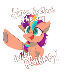 Size: 728x806 | Tagged: safe, artist:comfort_ponies, sunny starscout, earth pony, pony, g5, cute, eyes open, female, heart, heart eyes, mane stripe sunny, mare, motivational poster, open mouth, positive ponies, raised hoof, simple background, smiling, solo, sunnybetes, text, wingding eyes
