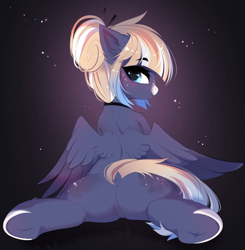 Size: 3412x3476 | Tagged: safe, alternate character, alternate version, artist:empress-twilight, oc, oc only, oc:kimono silk, pegasus, pony, back, butt, butt focus, choker, coat markings, commission, cute, dock, eyebrows, eyebrows visible through hair, featureless crotch, female, freckles, gradient mane, hair bun, high res, looking at you, looking back, looking back at you, lying down, mare, pegasus oc, plot, prone, smiling, smiling at you, solo, spine, sploot, spread wings, tail, underhoof, wings, ych result