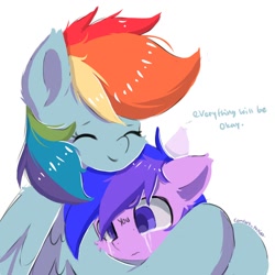 Size: 1000x1000 | Tagged: safe, artist:comfort_ponies, artist:skylinepony_, rainbow dash, oc, pegasus, pony, g4, crying, cute, duo, duo female, eyes closed, eyes open, female, hug, mare, positive ponies, simple background, smiling, text