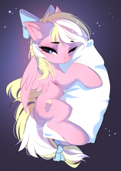 Size: 2871x4044 | Tagged: safe, artist:empress-twilight, oc, oc only, oc:bay breeze, pegasus, pony, bow, commission, cute, ear fluff, eyebrows, eyebrows visible through hair, female, hair bow, hug, lidded eyes, mare, ocbetes, one eye closed, partially open wings, pegasus oc, pillow, pillow hug, sleepy, solo, tail, tail bow, wings, ych result