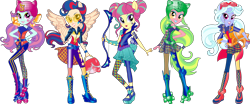 Size: 14945x6215 | Tagged: safe, artist:sugar-loop, indigo zap, lemon zest, sour sweet, sugarcoat, sunny flare, equestria girls, g4, my little pony equestria girls: friendship games, shadow five, simple background, sporty style, transparent background, vector