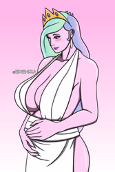 Size: 2755x4133 | Tagged: safe, artist:sandypeacebringer, princess celestia, human, equestria girls, g4, absolute cleavage, big breasts, blushing, breasts, cleavage, female, gradient background, hands on belly, pinklestia, preglestia, pregnant, solo