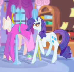 Size: 3000x2931 | Tagged: safe, artist:laughingfranki, rarity, pony, unicorn, g4, carousel boutique, clothes, curved horn, digital art, horn, magic, mannequin, measuring tape, telekinesis