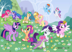 Size: 800x581 | Tagged: safe, alternate version, artist:sapphiregamgee, applejack, fluttershy, hitch trailblazer, izzy moonbow, pinkie pie, pipp petals, rainbow dash, rarity, spike, sunny starscout, twilight sparkle, zipp storm, alicorn, dragon, earth pony, pegasus, pony, unicorn, g4, g5, my little pony: a new generation, best friends until the end of time, coat markings, colored wings, deviantart watermark, female, floppy ears, flying, frown, g5 to g4, generation leap, heart, heart eyes, hitch and his heroine, horn, jealous, jealous rarity, male, mane five, mane seven, mane six, multicolored wings, obtrusive watermark, open mouth, open smile, pipp and her heroine, raised hoof, shipping, smiling, spikepipp, spread wings, starstratus, sunny and her heroine, twilight sparkle (alicorn), watermark, wingding eyes, wingless, wings