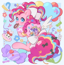 Size: 3515x3579 | Tagged: safe, artist:chonpsk, applejack, fluttershy, pinkie pie, rainbow dash, rarity, twilight sparkle, earth pony, pony, g4, blushing, candy, donut, exclamation point, female, food, high res, interrobang, looking at you, mane six, mare, mouth hold, question mark, solo, tail
