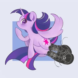 Size: 2599x2601 | Tagged: safe, artist:chonpsk, twilight sparkle, alicorn, pony, g4, blushing, boots, clothes, female, high res, horn, mare, partially open wings, passepartout, profile, shoes, solo, tail, twilight sparkle (alicorn), wings