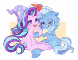 Size: 3542x2768 | Tagged: safe, artist:chonpsk, starlight glimmer, trixie, pony, unicorn, g4, :p, accessory swap, clothes, duo, duo female, female, hat, heart, high res, holding hooves, horn, lesbian, looking at something, looking up, magic, mare, one eye closed, open mouth, open smile, passepartout, ship:startrix, shipping, simple background, sitting, smiling, sweat, tail, tongue out, trixie's hat, white background, wizard hat