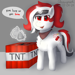Size: 1024x1024 | Tagged: artist needed, safe, oc, oc only, oc:red rocket, pony, unicorn, bandana, bronybait, chest fluff, cute, dynamite, explosives, female, flint and steel, glowing, glowing horn, horn, magic, mare, minecraft, red eyes, solo, telekinesis, this might end in explosions, this will end in explosions, threat, tnt
