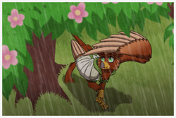 Size: 1772x1181 | Tagged: safe, artist:inuhoshi-to-darkpen, oc, oc only, oc:pavlos, griffon, bandage, beak, broken bone, broken wing, cast, cheek fluff, claws, clothes, colored wings, commission, eared griffon, flower, grass, griffon oc, injured, male, non-pony oc, one wing out, rain, sling, smiling, solo, spring, tail, tree, under the tree, wings