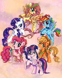 Size: 768x966 | Tagged: safe, artist:dariarchangel, applejack, fluttershy, pinkie pie, rainbow dash, rarity, twilight sparkle, crystal pony, earth pony, pegasus, pony, unicorn, g4, 3d cutie mark, bandaid, bandaid on nose, bejeweled, bracelet, female, floral head wreath, flower, friendship bracelet, glasses, goggles, goggles on head, group, horn, jewelry, lasso, mane six, mare, redesign, redraw, rope, round glasses, spread wings, unicorn twilight, wings