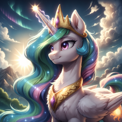 Size: 4096x4096 | Tagged: safe, ai composition, ai content, generator:bluefox mix, generator:stable diffusion, prompter:adorablebluefox, princess celestia, alicorn, pony, g4, absurd resolution, aurora borealis, beautiful, blue sky, chest fluff, cloud, cloudy, detailed, detailed background, ear fluff, ears up, female, fluffy, glowing, glowing cutie mark, glowing horn, horn, jewelry, magic, mare, mountain, mountain range, outdoors, peytral, praise the sun, pretty, raising the sun, regalia, scenery, sky, smiling, solo, standing, sternocleidomastoid, sun, sunrise, tail, tiara, tree, wing fluff, wings