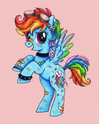 Size: 1504x1880 | Tagged: safe, artist:dariarchangel, rainbow dash, pegasus, pony, g4, 3d cutie mark, alternate design, alternate hairstyle, bandage, bandaged wing, bandaid, bandaid on nose, bipedal, bracelet, choker, ear piercing, female, friendship bracelet, goggles, goggles on head, jewelry, mare, messy mane, multicolored hair, piercing, rainbow hair, redesign, scuff mark, simple background, smiling, spread wings, wings
