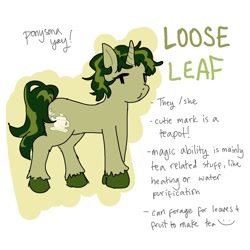 Size: 1378x1378 | Tagged: safe, artist:facecam, oc, oc only, oc:loose leaf, pony, unicorn, g4, colored hooves, horn, mixed pronouns, ponysona, pronouns, reference sheet, simple background, solo, standing, text, unicorn oc, white background