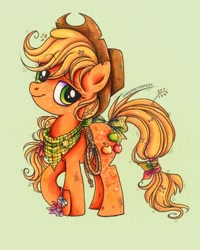Size: 1728x2160 | Tagged: safe, artist:dariarchangel, applejack, earth pony, pony, g4, 3d cutie mark, alternate design, applejack's hat, badge, bandana, belt, bow, bracelet, braid, cowboy hat, female, friendship bracelet, hat, jewelry, lasso, looking at you, mare, messy mane, neckerchief, redesign, rope, scuff mark, sheriff's badge, simple background, smiling, solo, stetson, tail, tail bow, traditional art