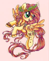 Size: 1540x1925 | Tagged: safe, artist:dariarchangel, fluttershy, butterfly, pegasus, pony, g4, 3d cutie mark, alternate design, alternate hairstyle, bracelet, braid, cute, female, floral head wreath, flower, flying, friendship bracelet, green eyes, jewelry, mare, pink mane, redesign, shading, shyabetes, simple background, smiling, solo, sparkly wings, spread wings, traditional art, wings, yellow coat