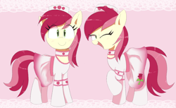 Size: 3092x1895 | Tagged: safe, artist:spoonie, roseluck, earth pony, pony, g4, blushing, choker, clothes, cute, cutie mark on clothes, daaaaaaaaaaaw, lace, looking at you, maid, one eye closed, pink background, rosabetes, smiling, smiling at you, socks, solo, wink