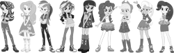 Size: 3935x1206 | Tagged: safe, artist:invisibleink, artist:tylerajohnson352, applejack, fluttershy, pinkie pie, rainbow dash, rarity, starlight glimmer, sunset shimmer, trixie, twilight sparkle, human, equestria girls, g4, black and white, female, grayscale, monochrome, simple background, transparent background