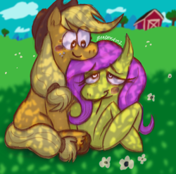 Size: 2508x2480 | Tagged: safe, artist:bambamsnooz, applejack, fluttershy, earth pony, pegasus, pony, g4, barn, blonde mane, blushing, cloud, complex background, cowboy hat, crossed hooves, digital painting, embrace, eyelashes, female, flower, freckles, grass, hat, heart, heart eyes, lesbian, looking at each other, looking at someone, looking down, looking up, orange coat, pink mane, red eyes, shadow, ship:appleshy, shipping, signature, sitting, stetson, wingding eyes, yellow coat
