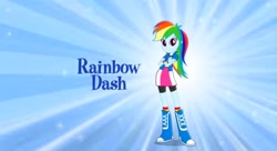 Size: 1080x588 | Tagged: safe, rainbow dash, human, equestria girls, g4, arms, boots, clothes, crossed arms, eg stomp, female, hand, happy, legs, long hair, pose, shirt, shoes, short sleeves, skirt, smiling, socks, t-shirt, teenager, wristband