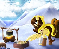 Size: 2402x2000 | Tagged: safe, artist:ladylullabystar, oc, oc only, oc:guylian, pegasus, pony, butt, campfire, crepuscular rays, female, fire, mare, mountain, ocean, plot, snow, solo, stool, sun, sunlight, water