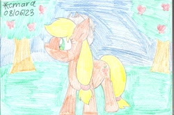 Size: 1412x937 | Tagged: safe, artist:cmara, applejack, earth pony, g4, apple, apple tree, female, food, solo, traditional art, tree