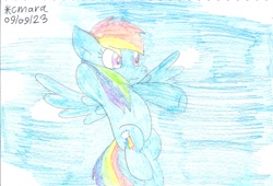 Size: 1396x948 | Tagged: safe, artist:cmara, rainbow dash, pegasus, g4, female, flying, solo, traditional art