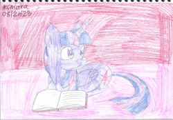 Size: 1396x970 | Tagged: safe, artist:cmara, twilight sparkle, alicorn, g4, book, female, folded wings, lying down, ponyloaf, prone, solo, traditional art, twilight sparkle (alicorn), wings