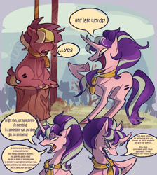 Size: 1700x1900 | Tagged: safe, artist:disaterror, starlight glimmer, oc, oc:corti, earth pony, pony, unicorn, g4, 2 panel comic, ambiguous gender, background pony, bags under eyes, bandana, colored hooves, comic, concave belly, curved horn, day, detailed background, dialogue, equal cutie mark, evil grin, evil starlight, execution, eyeshadow, fangs, female, freckles, grass, grin, hanging (by neck), horn, imminent death, lidded eyes, log, long legs, long mane, long tail, makeup, mare, narrowed eyes, neckerchief, nose wrinkle, open mouth, open smile, outdoors, pink coat, ponytail, profile, raised hoof, red coat, s5 starlight, sharp teeth, shiny hooves, short mane, short tail, shrunken pupils, sinister smile, sitting, slender, smiling, speech bubble, tail, talking, teeth, text, thin, thin legs, tied mane, two toned mane, two toned tail, unshorn fetlocks