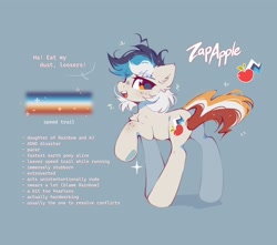 Size: 2600x2300 | Tagged: safe, artist:mirtash, oc, oc only, oc:zapapple (mirtash), pony, g4, aroace pride flag, big ears, big eyes, blue background, body freckles, chest fluff, colored eyebrows, ear fluff, emanata, eye clipping through hair, eyebrows, eyebrows visible through hair, female, freckles, high res, leg freckles, long legs, looking at you, magical lesbian spawn, mare, messy mane, messy tail, multicolored mane, multicolored tail, next generation, offspring, open mouth, open smile, parent:applejack, parent:rainbow dash, parents:appledash, raised hoof, shadow, short mane, simple background, smiling, smiling at you, solo, sparkles, standing, tail, text, white coat, white text, wingding eyes, yellow eyes