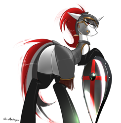 Size: 1538x1570 | Tagged: safe, artist:madragon, derpibooru exclusive, oc, oc only, oc:red rocket, pony, unicorn, bipedal, butt, butt focus, clothes, fantasy class, helmet, hooves together, horn, knight, latex, latex stockings, lidded eyes, looking at you, plot, rear view, red eyes, shield, simple background, solo, stockings, thigh highs, warrior, white background