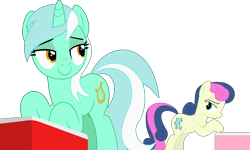 Size: 3203x1918 | Tagged: safe, artist:stephen-fisher, bon bon, lyra heartstrings, sweetie drops, earth pony, unicorn, g4, female, horn, lesbian, looking at each other, looking at someone, mare, ship:lyrabon, shipping, simple background, transparent background