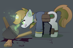 Size: 2732x1800 | Tagged: safe, artist:pedalspony, oc, oc only, oc:littlepip, pony, unicorn, fallout equestria, armor, bag, clothes, focused, horn, jumpsuit, lockpicking, magic, saddle bag, screwdriver, solo, telekinesis, tongue out, vault suit, wooden floor