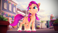 Size: 3840x2160 | Tagged: safe, artist:psfmer, sunny starscout, earth pony, pony, g5, alternate hairstyle, braid, braided pigtails, cute, female, high res, mare, maretime bay, missing accessory, outdoors, pigtails, solo, sunnybetes, unshorn fetlocks