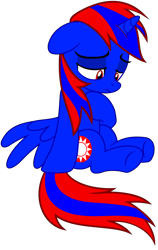 Size: 2396x3799 | Tagged: safe, artist:stephen-fisher, oc, oc only, oc:stephen (stephen-fisher), alicorn, g4, alicorn oc, depressed, hoof on chest, horn, male, male alicorn, male alicorn oc, red and blue, red eyes, sad, simple background, sitting, solo, spread wings, transparent background, wings