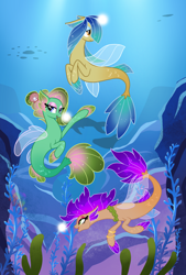 Size: 2048x3026 | Tagged: safe, artist:icosmicpotato, oc, oc only, fish, seapony (g4), whale, bioluminescent, bracelet, bubble, clothes, coral, crepuscular rays, digital art, dorsal fin, eyelashes, eyeshadow, female, fin, fin wings, fins, fish tail, floppy ears, flowing mane, flowing tail, glowing, high res, jewelry, lidded eyes, makeup, mare, ocean, open mouth, open smile, rock, scales, seaponified, seaquestria, seashell, seaweed, see-through, smiling, species swap, spread wings, sunlight, swimming, tail, underwater, water, wings