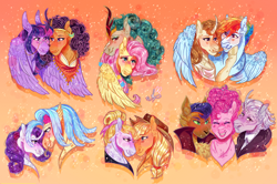 Size: 5564x3700 | Tagged: safe, artist:bunnari, applejack, capper dapperpaws, fluttershy, hoofer steps, pinkie pie, princess skystar, rain shine, rainbow dash, rarity, saffron masala, twilight sparkle, zesty gourmand, abyssinian, alicorn, classical hippogriff, earth pony, hippogriff, kirin, pegasus, pony, unicorn, g4, absurd resolution, bisexual, bisexual female, blushing, bust, commission, crack shipping, female, fluttershine, glasses, gradient background, horn, lesbian, mane six, mare, neck nuzzle, polyamory, round glasses, shipping, snaggletooth, twiffron, twilight sparkle (alicorn)